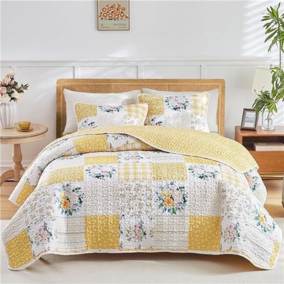 3 Pieces Floral Patchwork Quilt Set Queen, Yellow n White Flowers - Picture 1 of 8